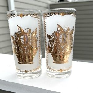 2 Vintage MidCentury "Heritage" Gilded Fruit Basket Highball Tumblers